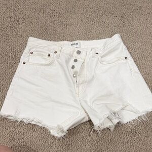 Agolde Parker Long White High-Rise Frayed Hem Denim Cutoff Shorts